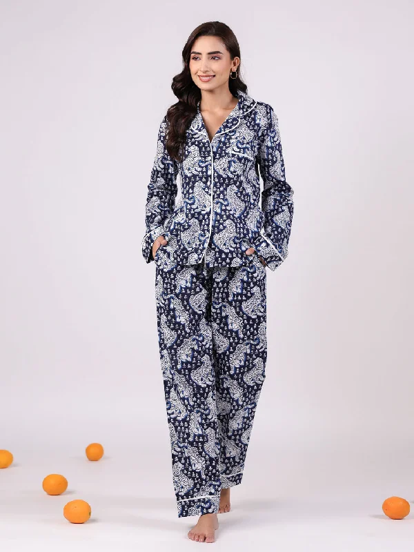 Flower Printed Blue Night Suit Set