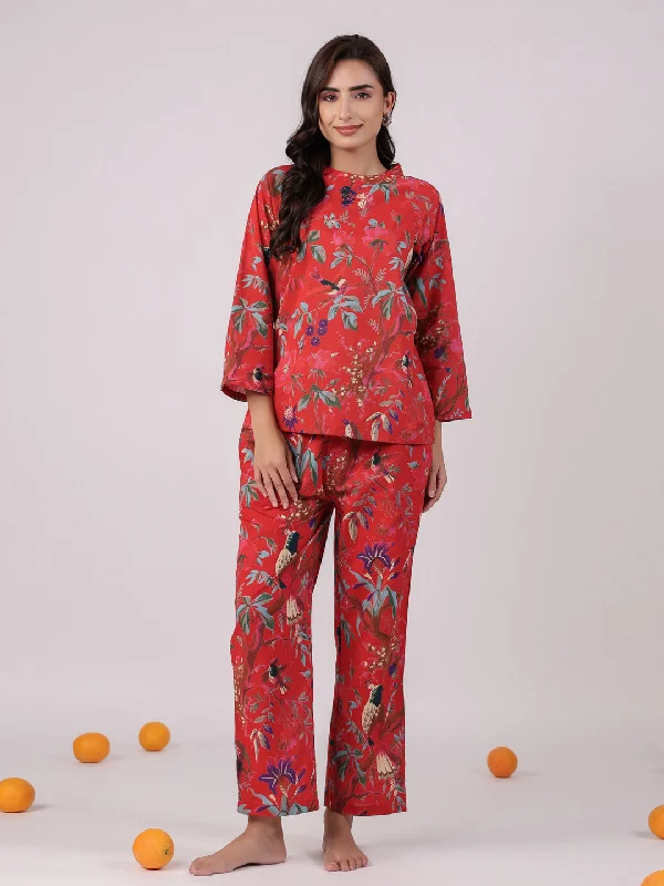 Red Flower Round Neck Night Suit Set