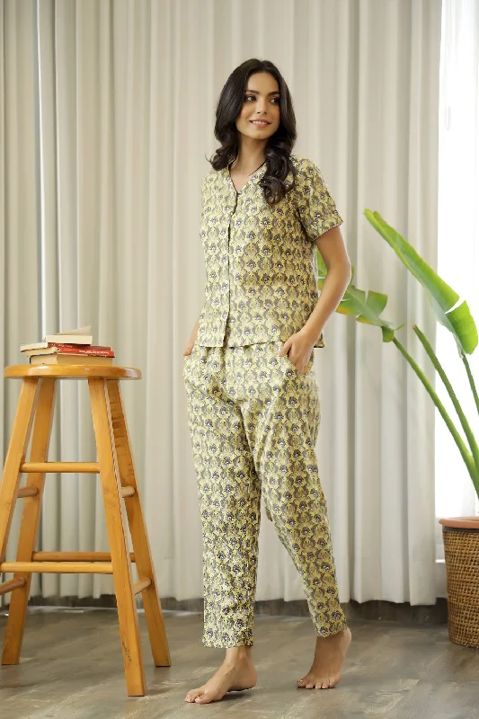 Women PALE yellow and Grey Pure Cotton ethnic motifs Printed night suit Pyjama set