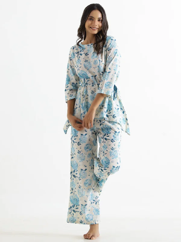 blue leafy Cotton Night Suit