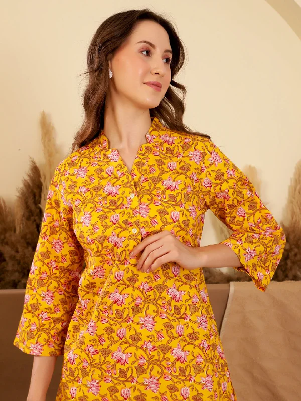 Yellow Printed Cotton Night Suit Set