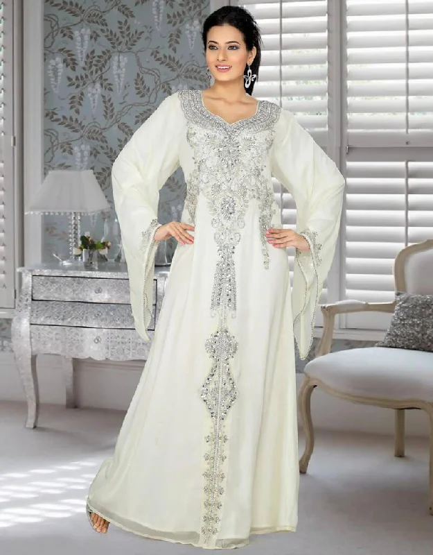 Attractive Embroidered Long Kaftan Dresses-White