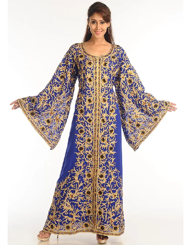 Islamic Blue Georgette Hand Zari Embroidery Galabiya