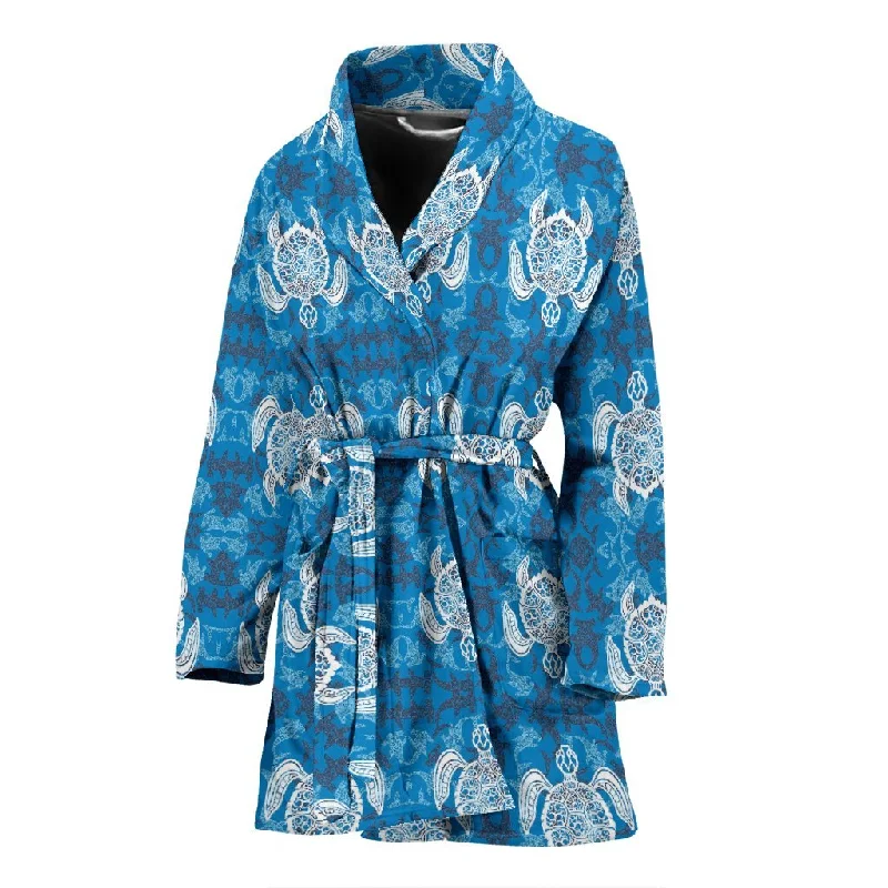 Blue Hawaiian Shark Sea Turtle Pattern Print Women Long Robe