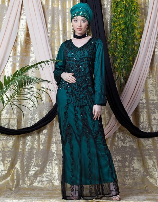 Chic Full Hand embellished Party Abaya Green