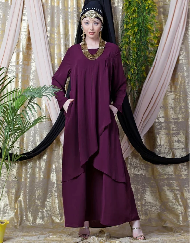 Chic Overlapped panel casual Abaya Wine