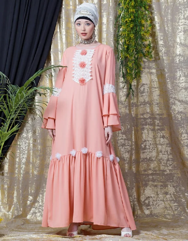 Dubai Bell Sleeve flowers around knee party Abaya Peach