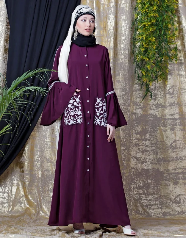 Dubai Embroidered Pocket Bell Sleeve casual Abaya Wine