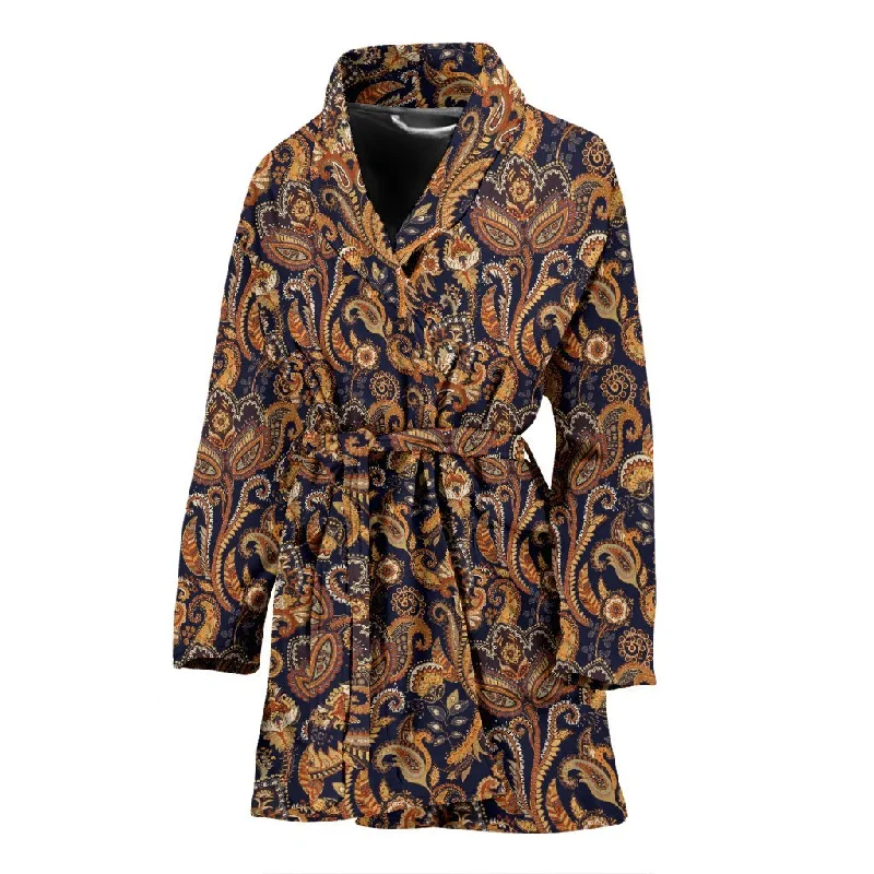 Gold Paisley Pattern Print Women Long Robe