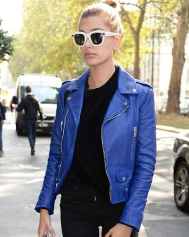 Hailey Bieber Blue Leather Jacket