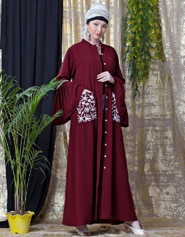 Islamic Embroidered Pocket Bell Sleeve casual Abaya Maroon