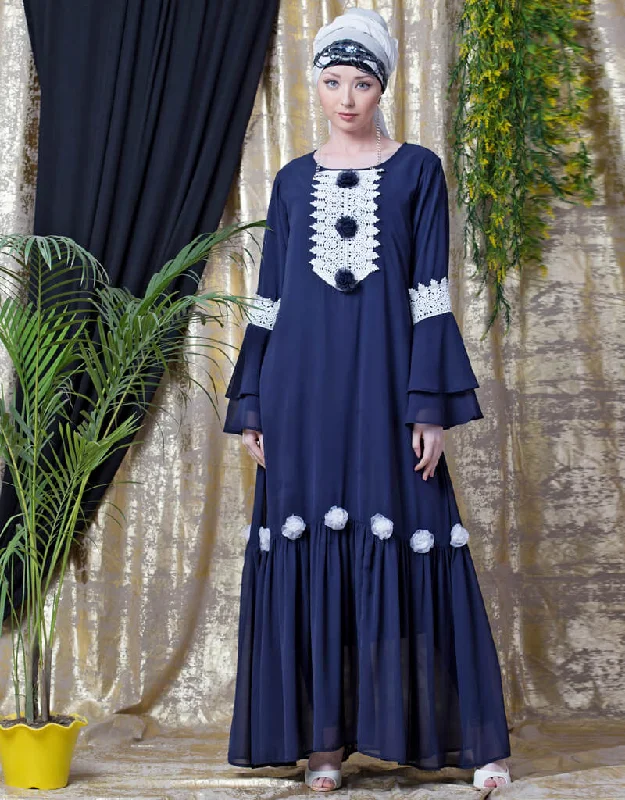 Modern Bell Sleeve flowers around knee party Abaya Navy Blue