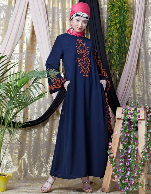 Modest embroidered Butterfly Sleeve Party Abaya Navy Blue