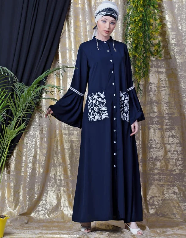 Modest Embroidered Pocket Bell Sleeve casual Abaya Navy Blue