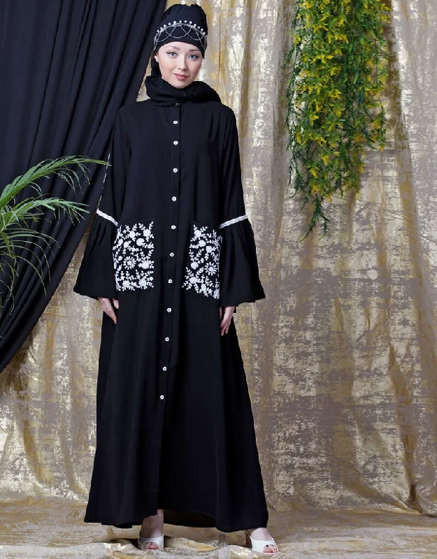 Muslim Embroidered Pocket Bell Sleeve casual Abaya Black