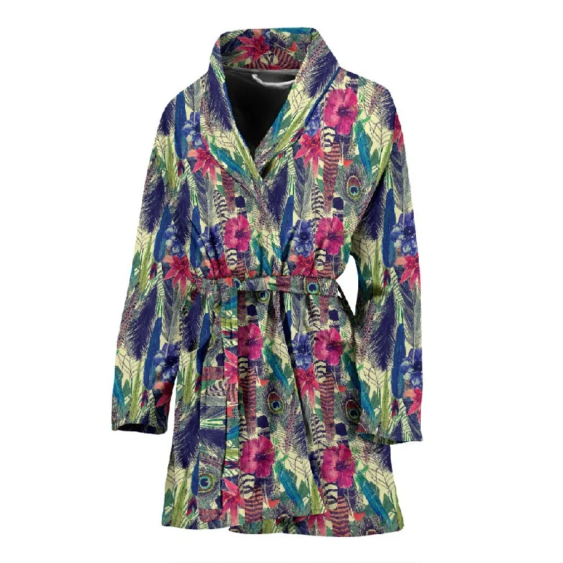 Peacock Feather Floral Pattern Print Women Long Robe