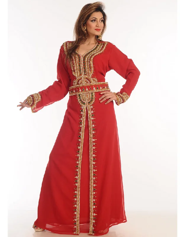 Arabic Red Georgette Hand Zari Embroidery Kaftan