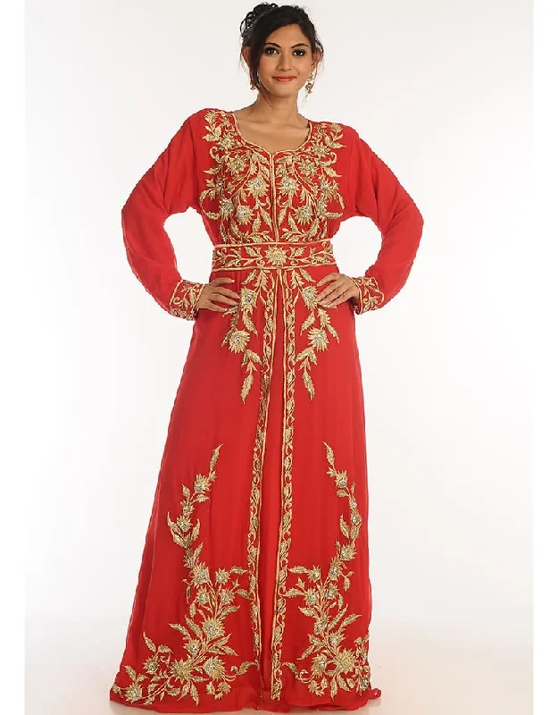 Trendy Red Georgette Hand Zari Embroidery Kaftan