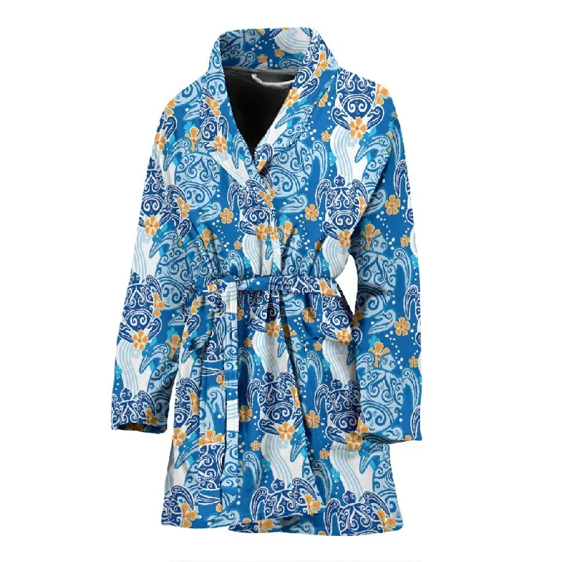 Sea Turtle Hawaiian Blue Pattern Print Women Long Robe