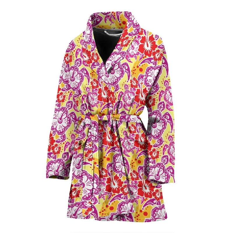 Sea Turtle Red Hibiscus Hawaiian Pattern Print Women Long Robe