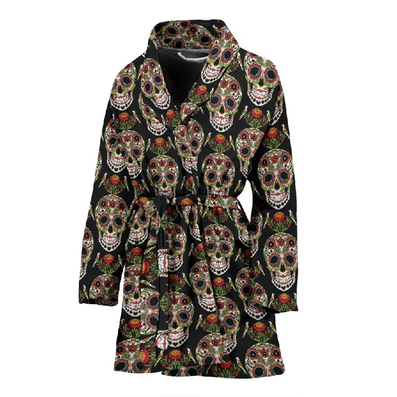 Skeleton Floral Rose Sugar Skull Girly Pattern Print Women Long Robe