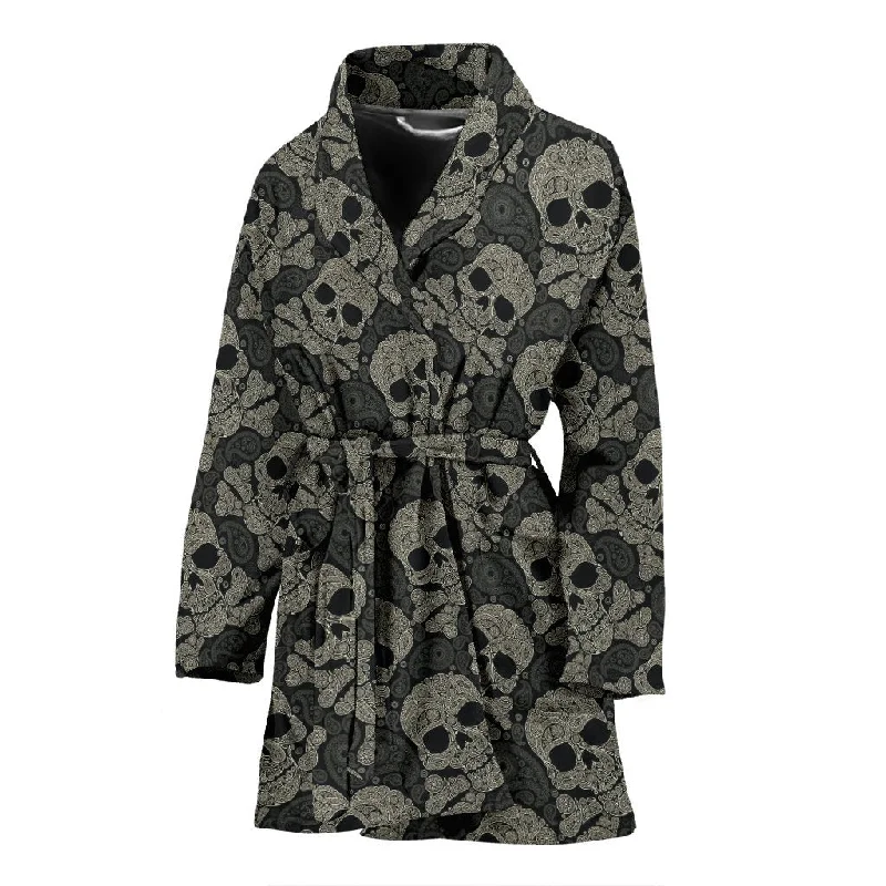 Sugar Skull Skeleton Girly Paisley Pattern Print Women Long Robe