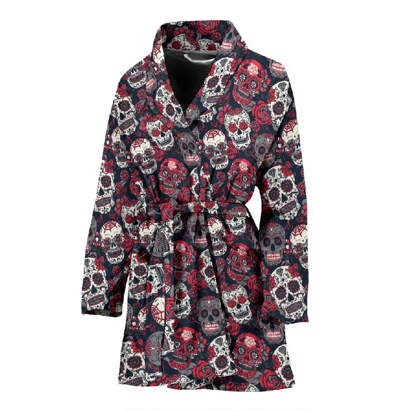 Sugar Skull Skeleton Girly Rose Floral Pattern Print Women Long Robe