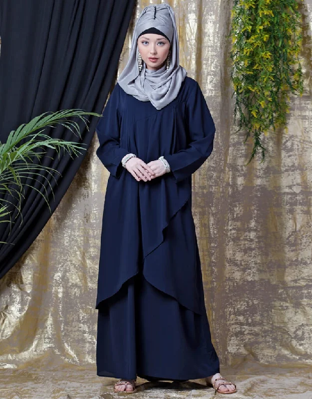 Trendy Overlapped panel casual Abaya Navy Blue