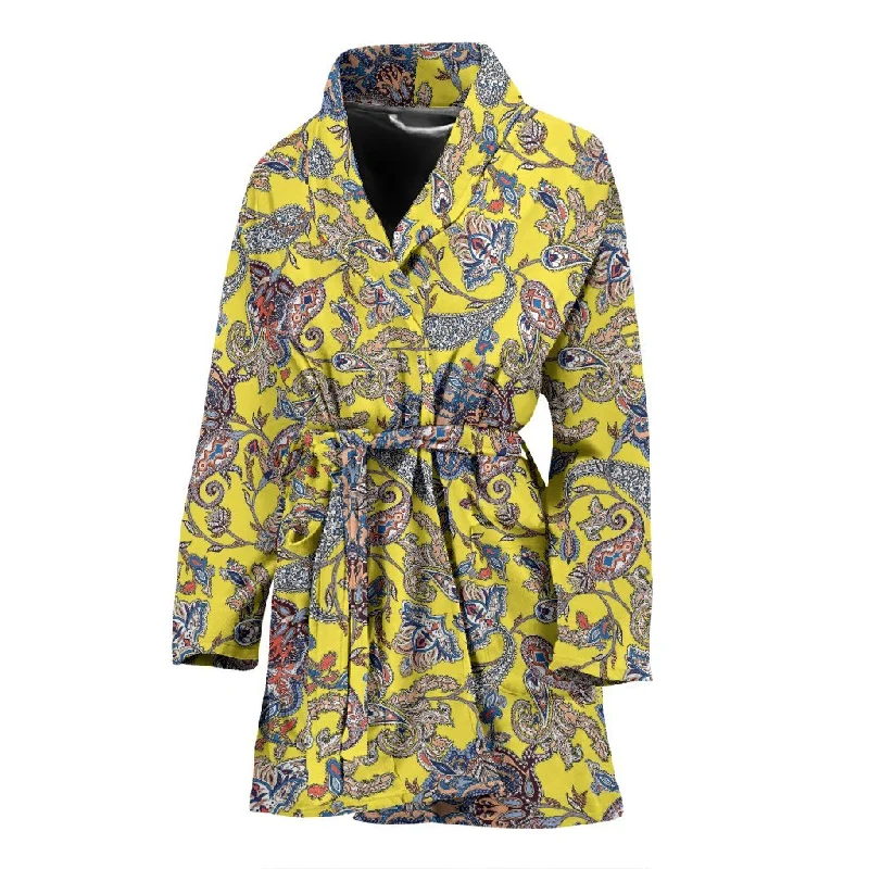 Yellow Paisley Pattern Print Women Long Robe