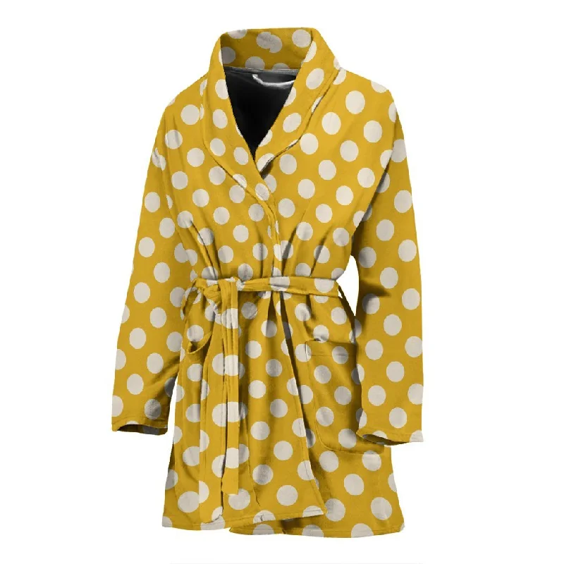 Yellow White Polka dot Pattern Print Women Long Robe