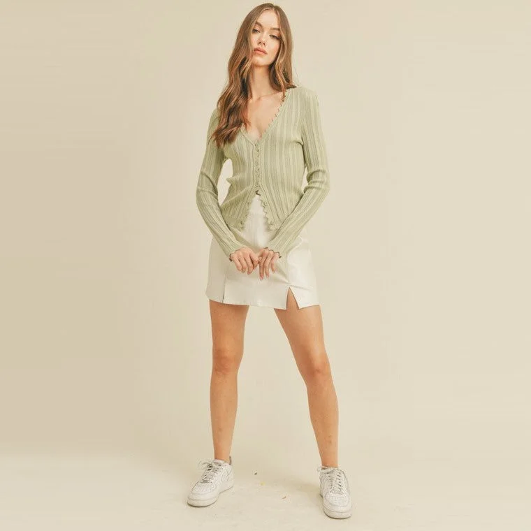 Scallop Trim Button Front Cardigan (Pistachio)