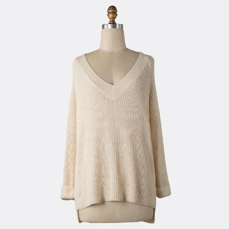 V Neck Knit Sweater (Beige)