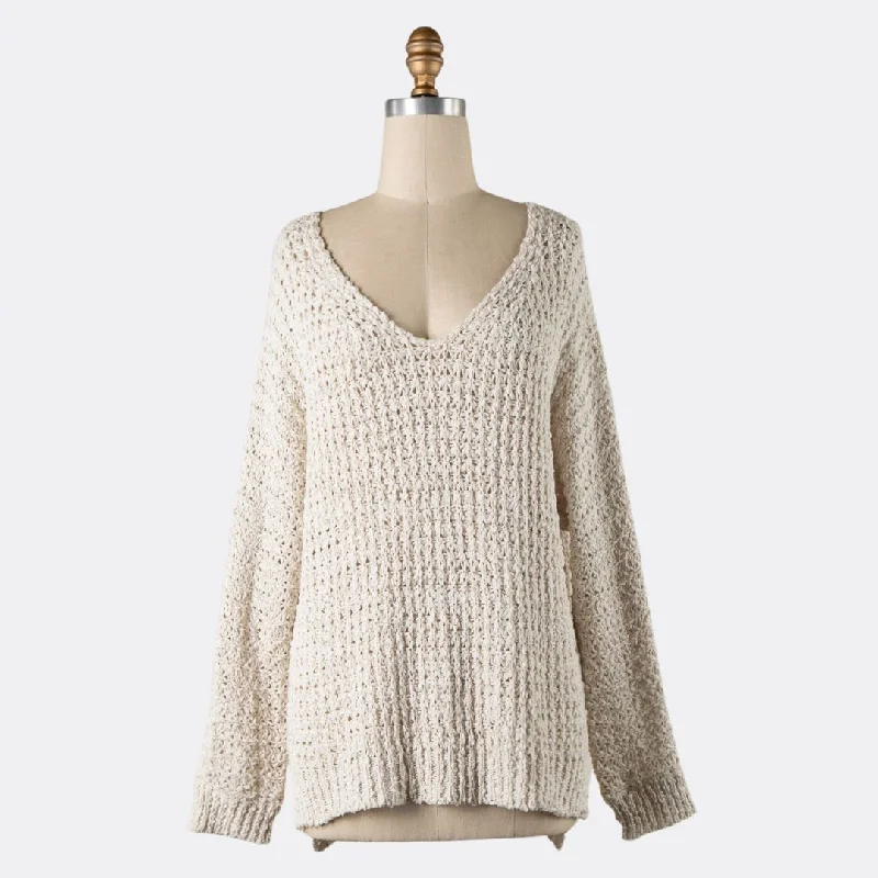 V Neck Ribbed Trim Cable Knit Sweater (Ivory)