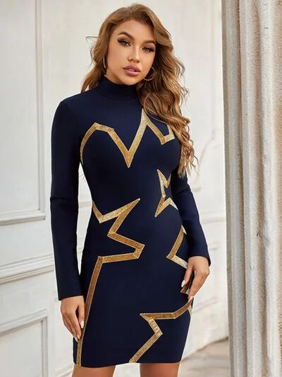 Blue Zone Planet |  Mock Neck Glitter Geometric Mini Dress