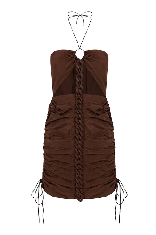 BROWN CHAIN GATHERED MINI DRESS