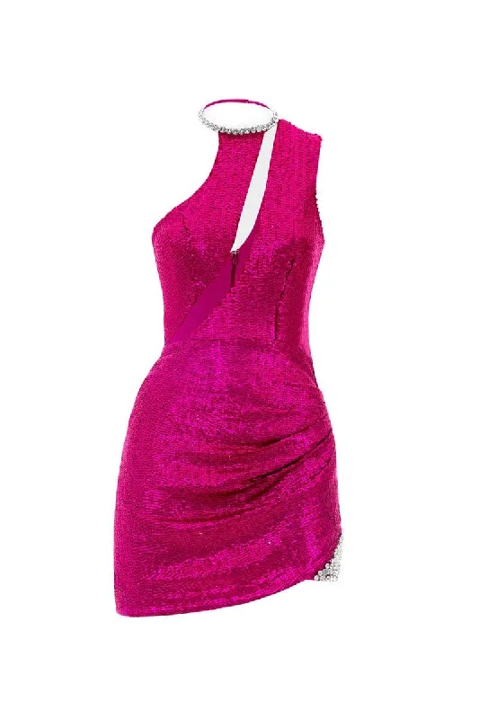 FUCHSIA SEQUINNED MINI DRESS