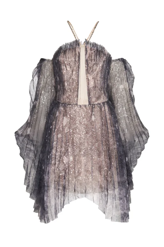 LONG-SLEEVED SEQUIN-DETAILED PLEATED CHIFFON DRESS