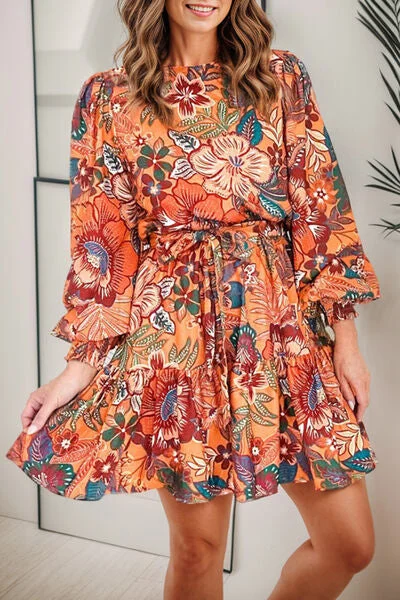 Blue Zone Planet |  Tropical Print Tie Waist Lantern Sleeve Mini Dress