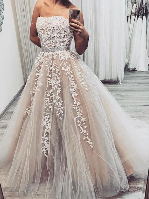 A Line Champagne Lace Wedding Dress, Champagne Lace Prom Dresses Formal Graduation Evening Dresses