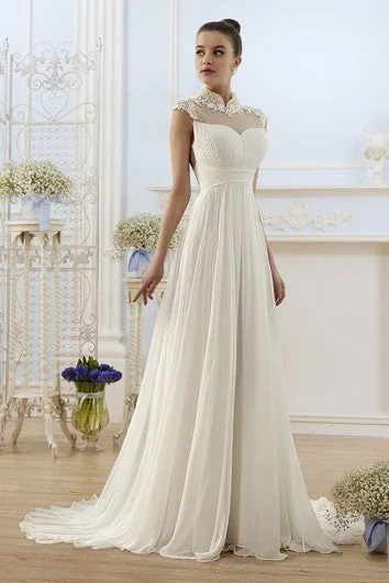 A-Line Maxi High-Neck Cap-Sleeve Backless Chiffon Dress With Appliques And Pleats