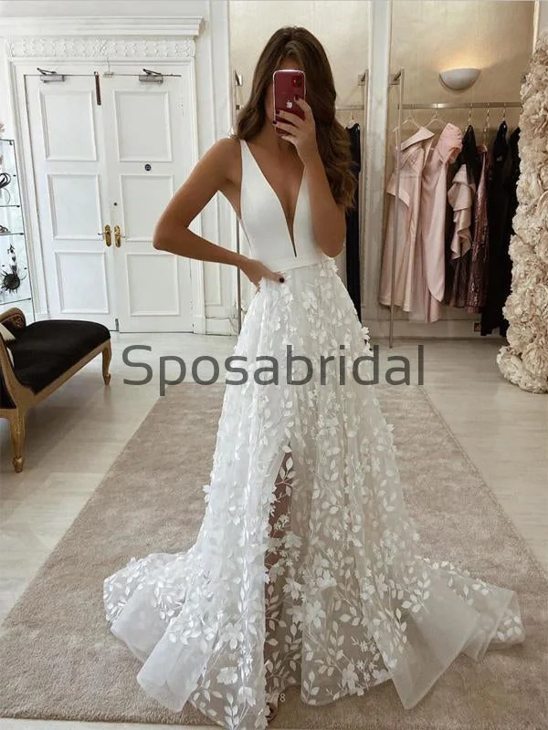 A-line V-Neck Vintage Country Elegant Romantic Wedding Dresses WD0419