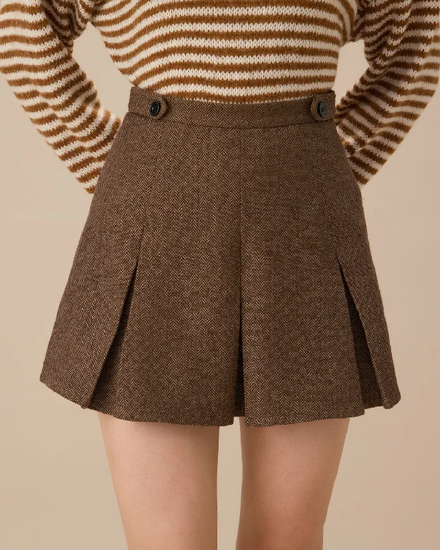 Brown Striped Pleated Mini Skirt