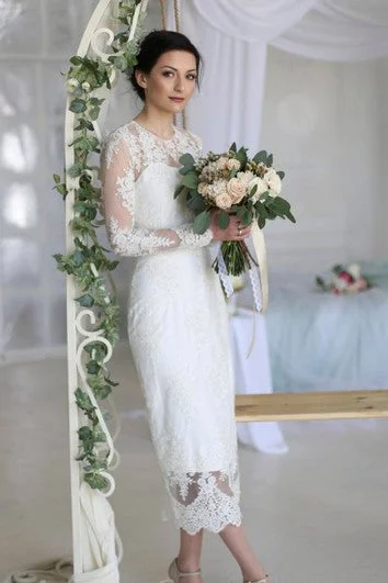 Sheath Ankle-length Wedding Dress With Illusion Lace Appliques and Split Back