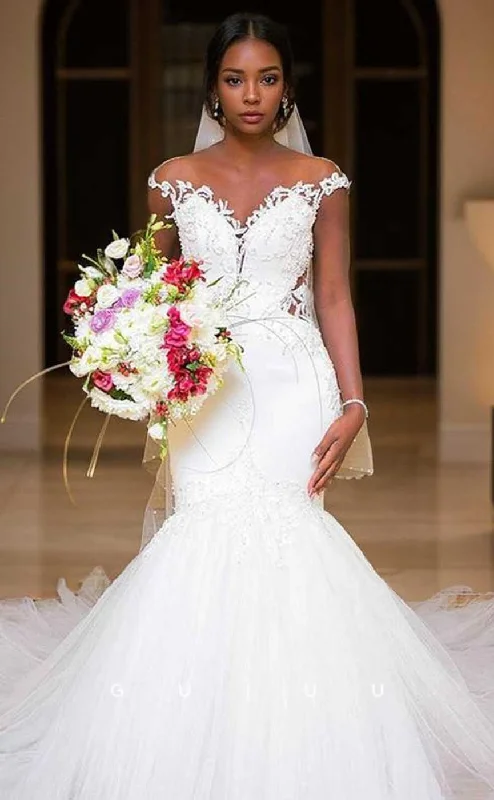 GW909 -  Mermaid V-neck Off-Shoulder Appliques Baech Wedding Dress with Train for Black Girl Slay