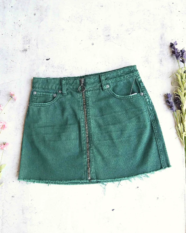 Free People - Front Zip It Up Denim Mini Skirt With Frayed Hem in Wilderness Green