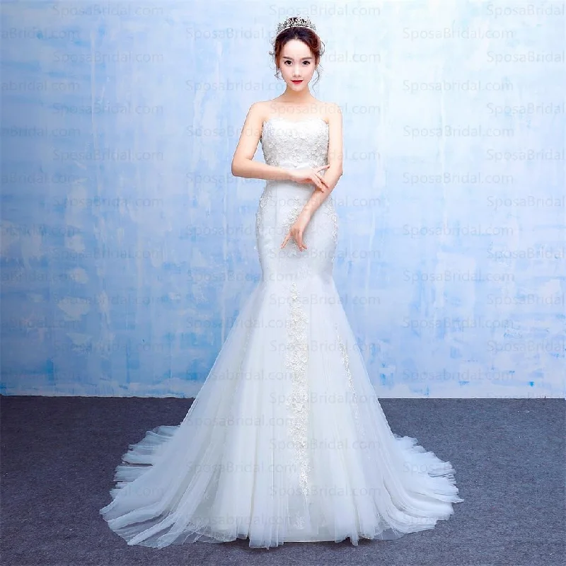 Long Mermaid Strapless Elegant Sweetheart Lace Appliques Charming Wedding Dresses, WD0224