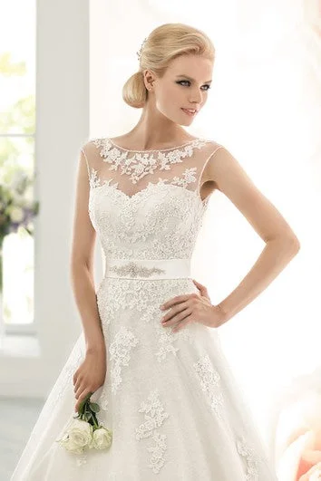 Long Sleeveless A-line Lace Wedding Dress With Beaded Sash