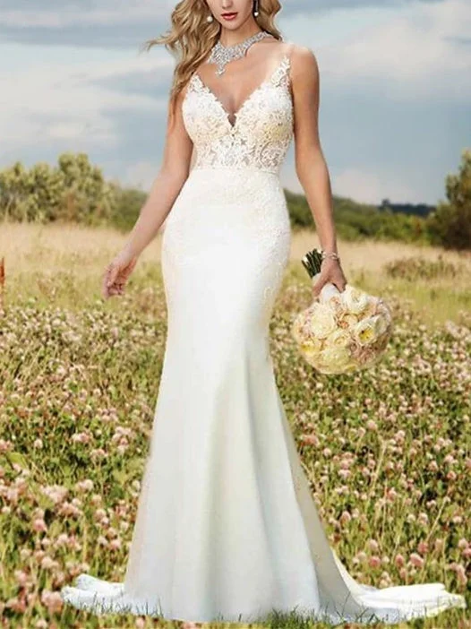 Mermaid/Trumpet V-Neck Sleeveless Wedding Dresses Court Train with Appliques