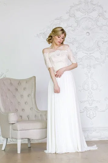 Off-the-shoulder A-line Chiffon Wedding Dress With Lace Bodice