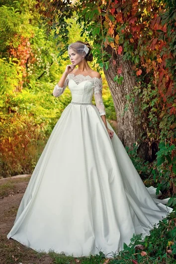 Off-the-shoulder A-line Satin Wedding Dress With Lace Bodice And Beaded Waist